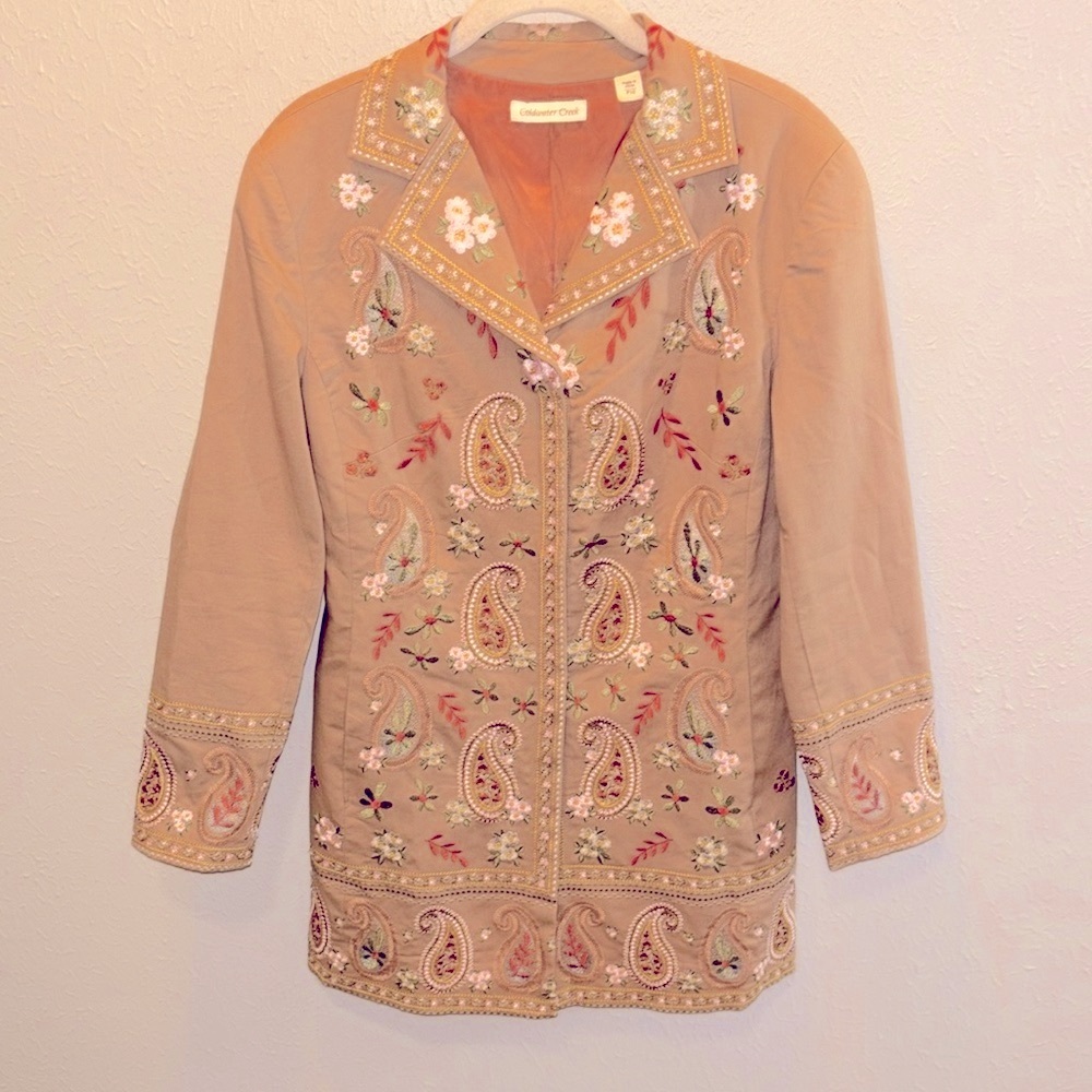 Coldwater Creek Whimsical Boho Embroidered Khaki Coat Jacket Women’s Petite 10